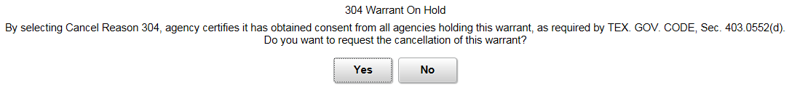 Dialogue box that is displayed when cancelling a warrant.