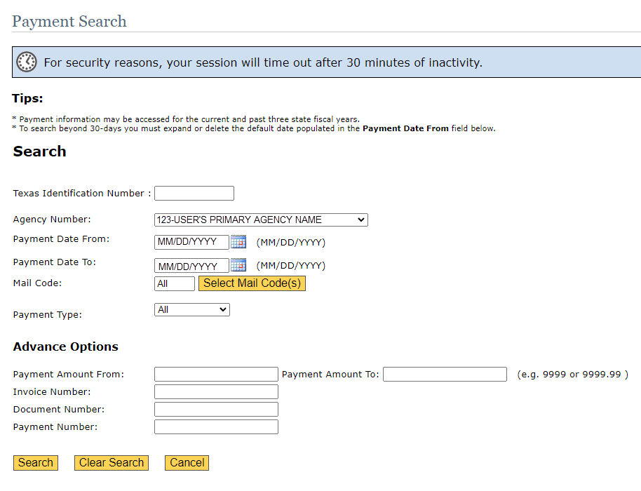 payment search form screenshot