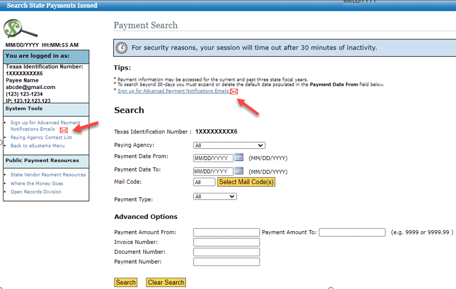 payment search page screenshot