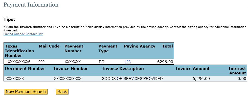 payment information screenshot