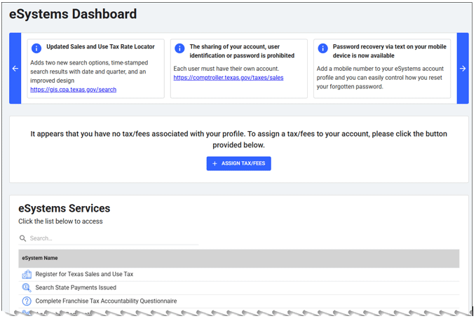 eSystems dashboard landing page screenshot