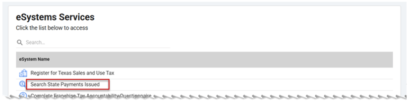 eSystems Search State Payments Issued page screenshot