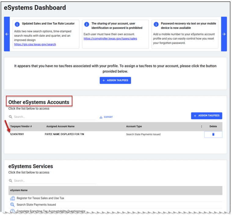 taxpayer vendor number screen screenshot