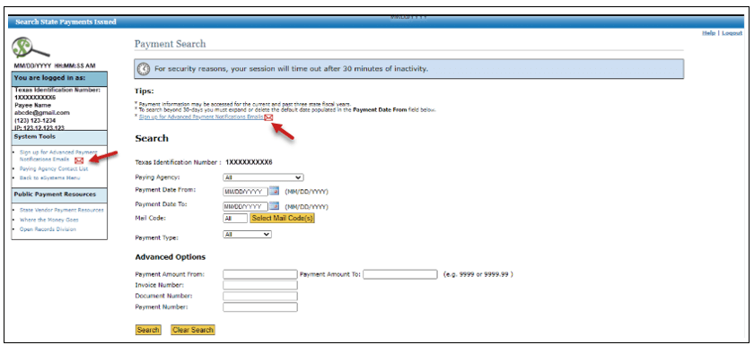 payment search page screenshot