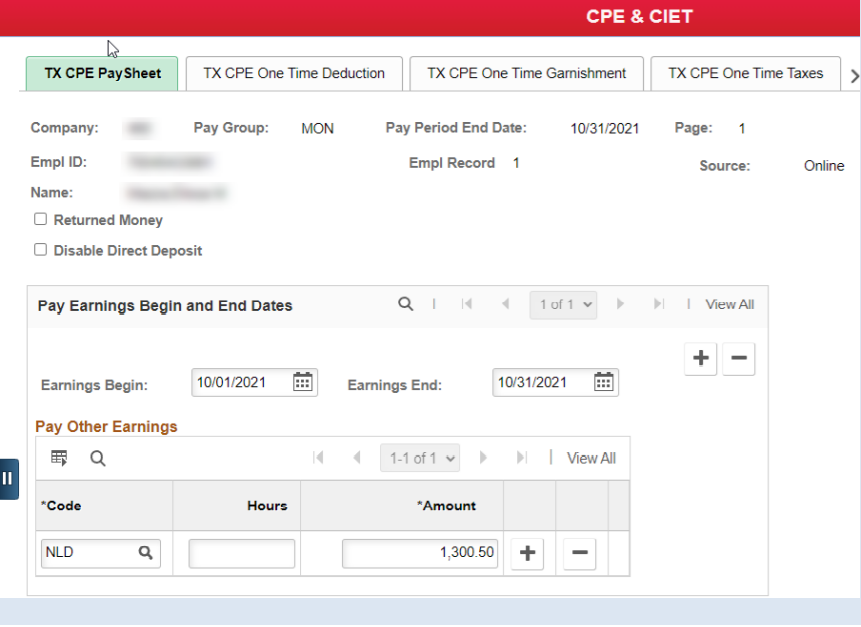Example of entering NLD code for donor on TX CPE Pay Sheet