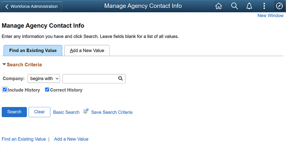 Visual representation of Find an Existing Value Tab on the Manage Agency Contact Info screen.