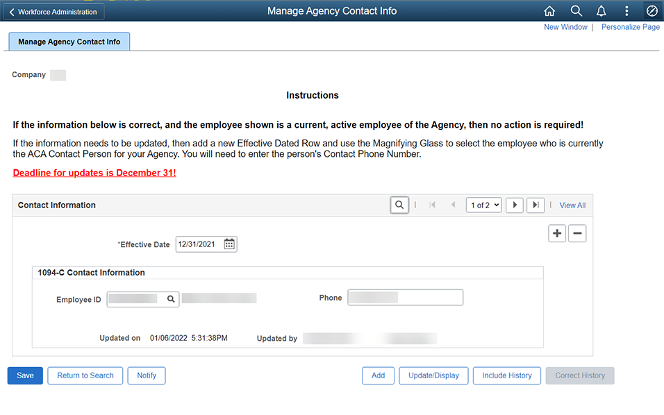 Screen shot of Manage Agency Contact Info page.