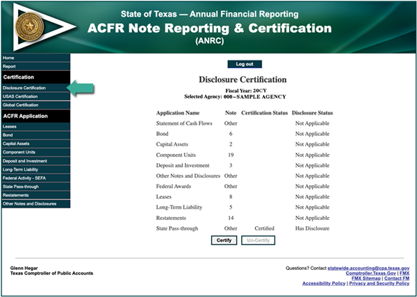 screen shot of disclosure certification