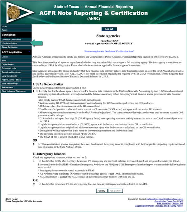 screen shot of usas certification