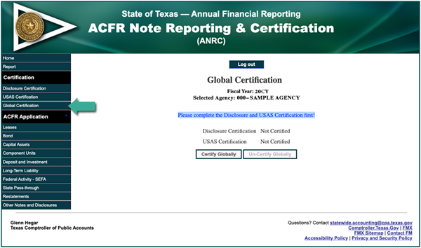 screen shot of global certification
