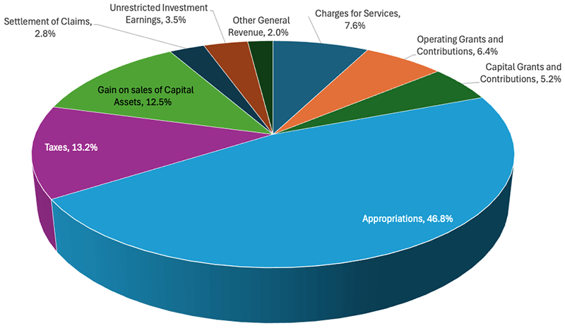 Pie chart titled 'Governmental Activities: Revenues by Source' showing the distribution of revenue categories. A full data table is provided above.
