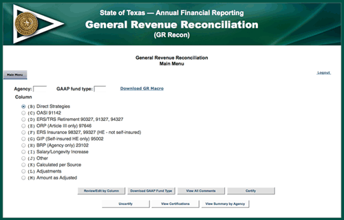 Screenshot of General Revenue Reconciliation Webpage