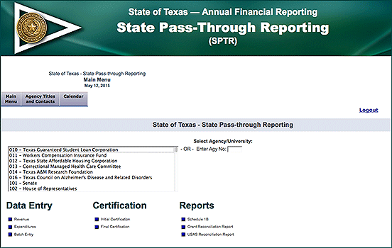 screenshot of State Pass-Through Reporting main menu