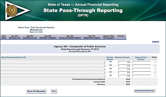 screen shot for recording state pass-through revenues