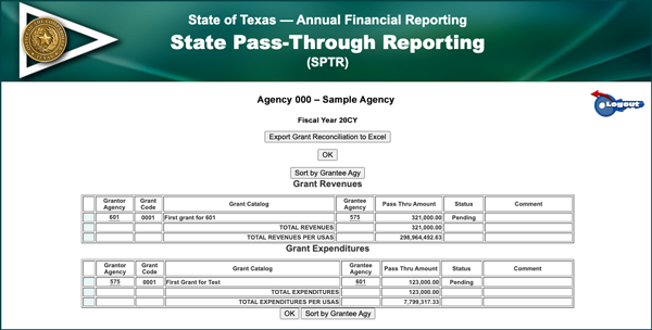 Grant Reconciliation Report Screen