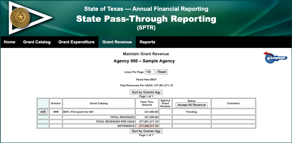 Maintain Grant Revenue Screen