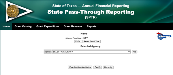 screenshot of State Pass-Through Reporting Home Screen