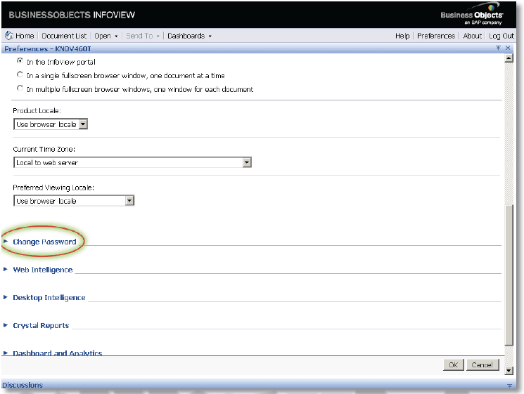 Change Password Option in the Preferences Window