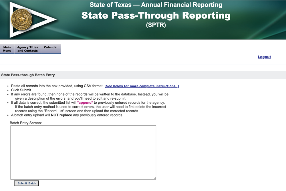 State Pass-through Batch Entry screen.