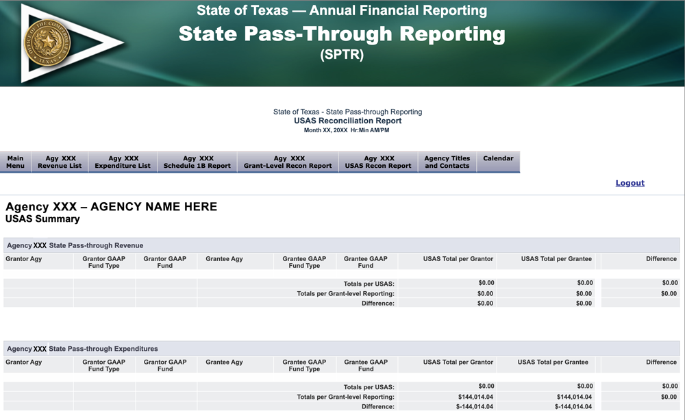 USAS Reconciliation Report screen at USAS Summary Level.